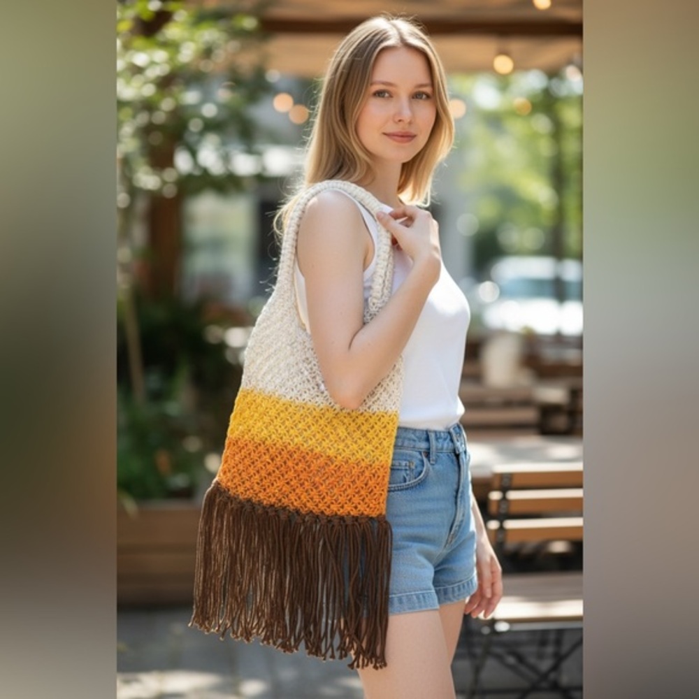 Boho Crochet Fringe Shoulder Bag Ombre Retro Festival Beach Tote Purse